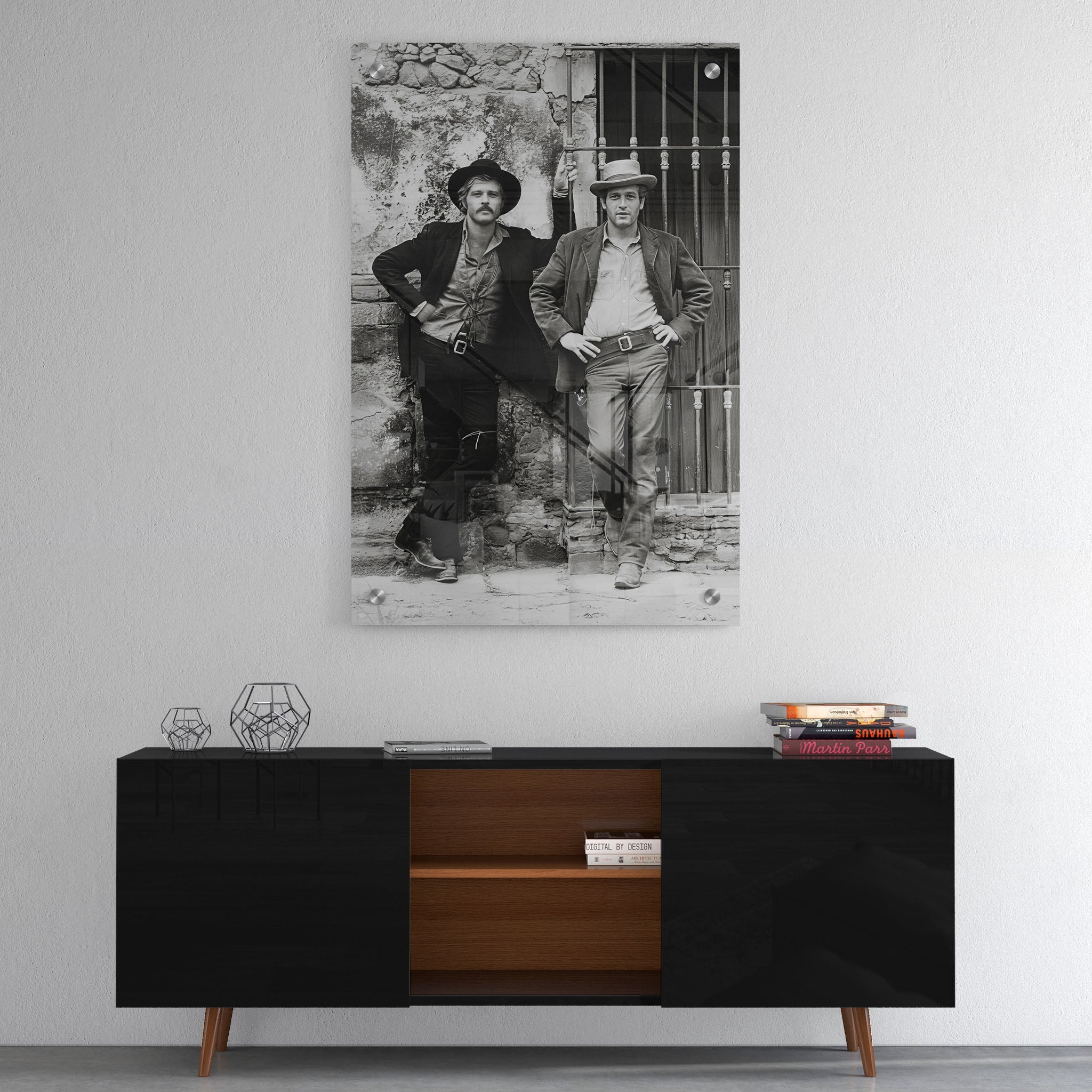 High-gloss acrylic black and white print of Butch Cassidy and the Sundance Kid displayed on a wall