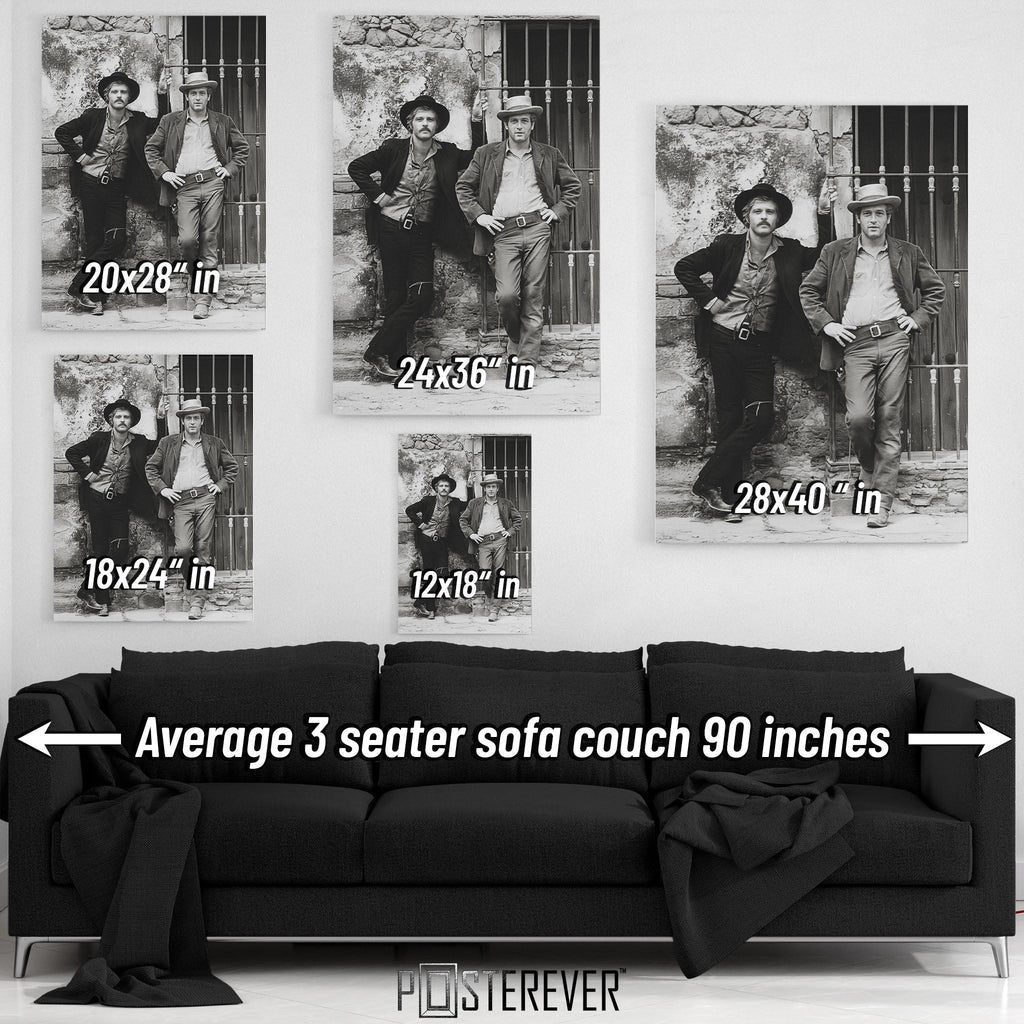 Butch Cassidy and the Sundance Kid wall art size comparison chart shown above a sofa