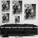 Butch Cassidy and the Sundance Kid wall art size comparison chart shown above a sofa