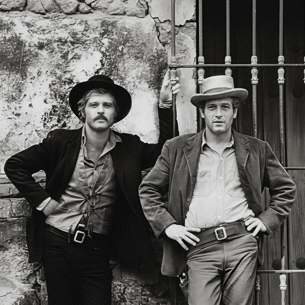 Zoomed detail of Paul Newman and Robert Redford in Butch Cassidy and the Sundance Kid in black and white