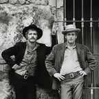Zoomed detail of Paul Newman and Robert Redford in Butch Cassidy and the Sundance Kid in black and white