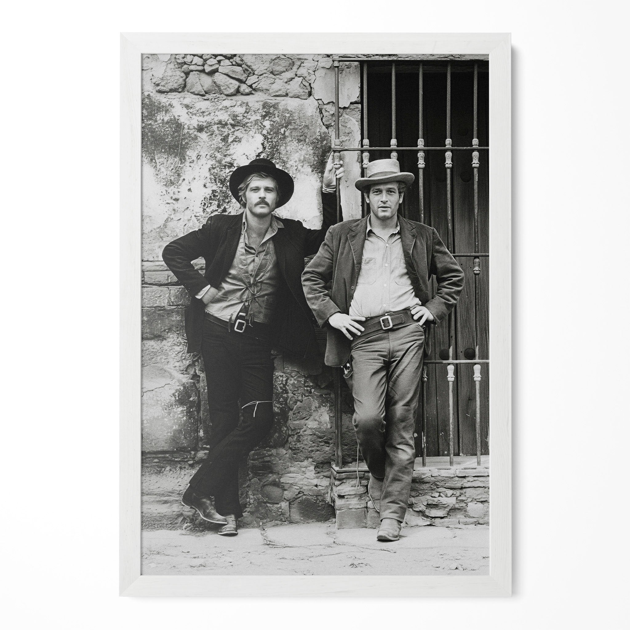 Butch Cassidy and the Sundance Kid black and white portrait in a classic white poster frame