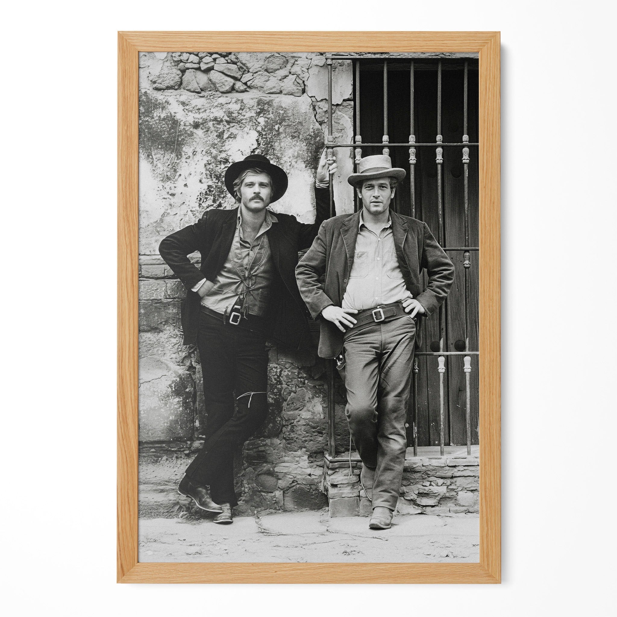 Butch Cassidy and the Sundance Kid black and white portrait in a natural oak poster frame