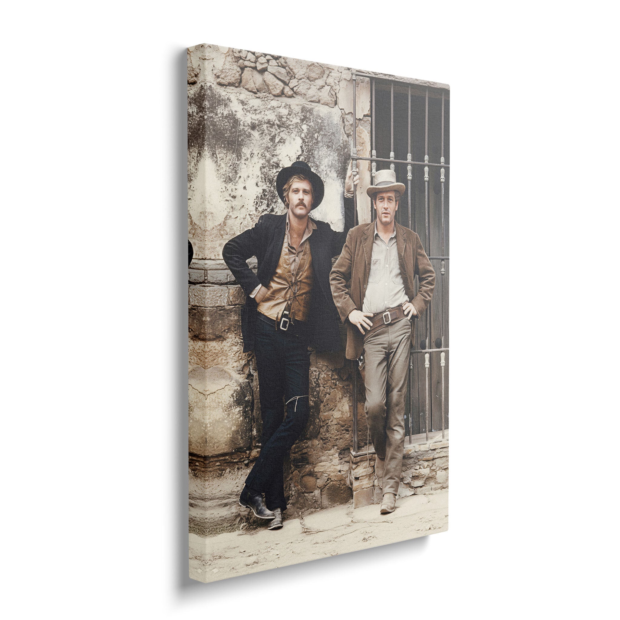 Gallery-wrapped colour canvas of Butch Cassidy and the Sundance Kid displayed on a wall