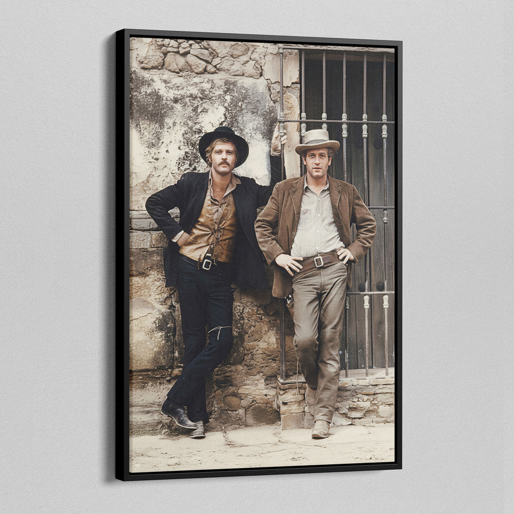 Angled view of the Butch Cassidy and the Sundance Kid colour canvas in a black floating frame