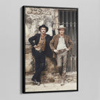 Angled view of the Butch Cassidy and the Sundance Kid colour canvas in a black floating frame