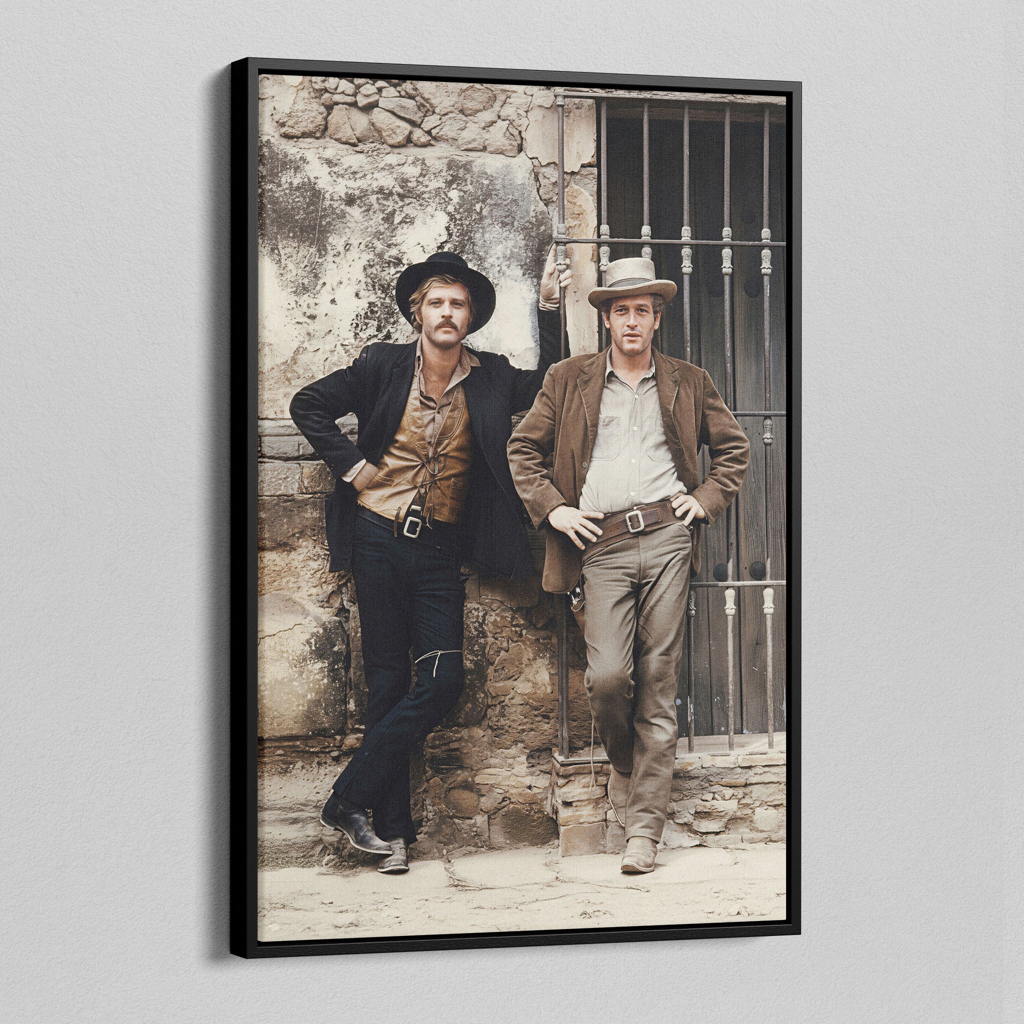 Angled view of the Butch Cassidy and the Sundance Kid colour canvas in a black floating frame