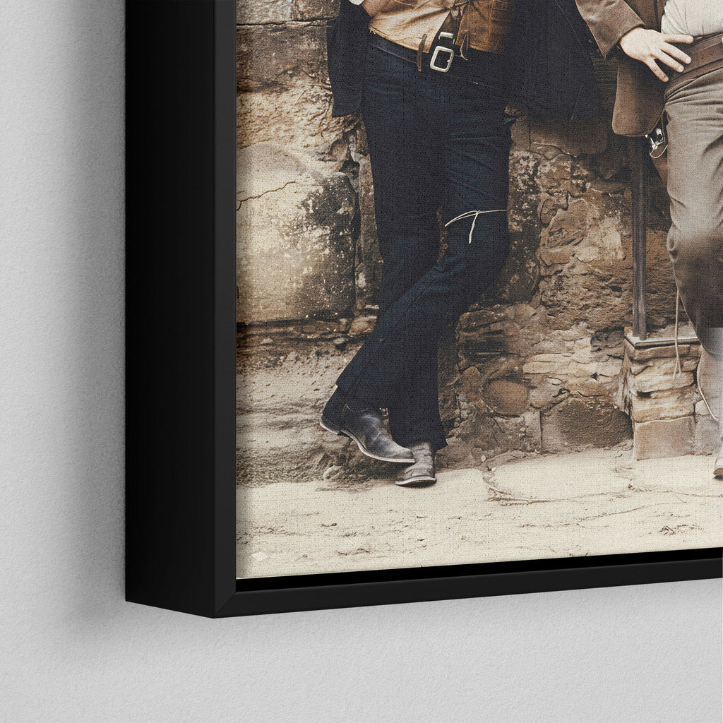 Corner close-up of the black floating frame on the Butch Cassidy and the Sundance Kid colour canvas