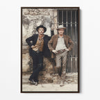 Front display of the Butch Cassidy and the Sundance Kid colour canvas in a dark walnut floating frame