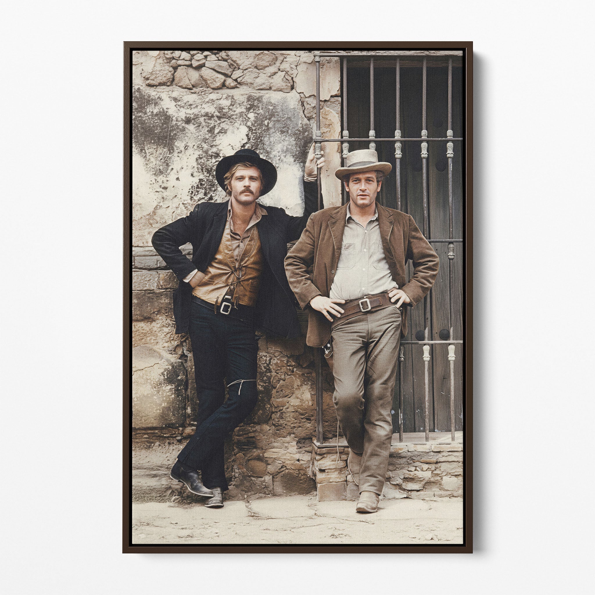 Front display of the Butch Cassidy and the Sundance Kid colour canvas in a dark walnut floating frame