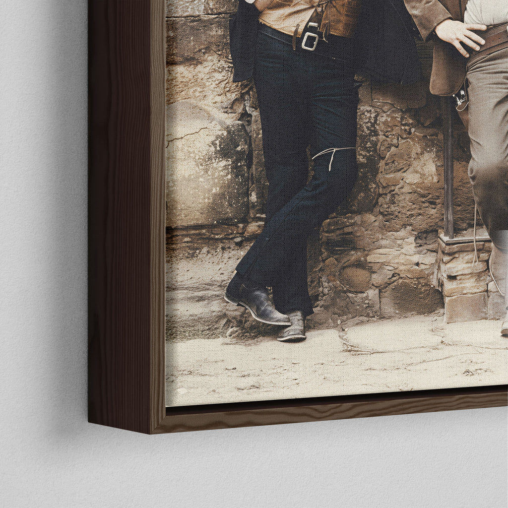 Close-up of the dark walnut floating frame on the Butch Cassidy and the Sundance Kid colour canvas