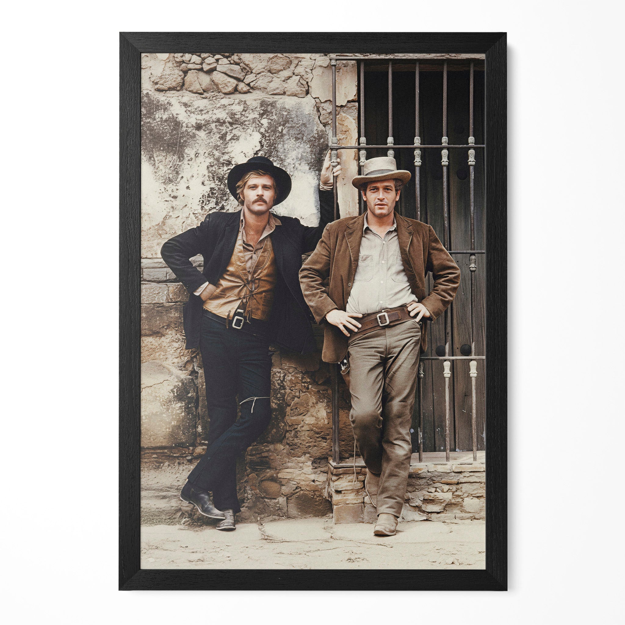 Paul Newman and Robert Redford as Butch Cassidy and the Sundance Kid, colour portrait in a classic black poster frame