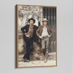 Angled view of the Butch Cassidy and the Sundance Kid colour canvas in a natural oak floating frame