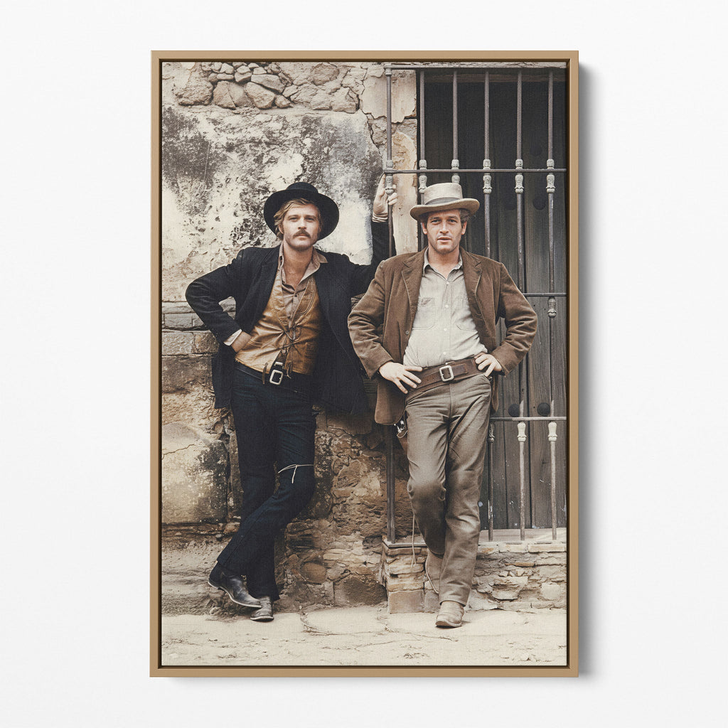 Front display of the Butch Cassidy and the Sundance Kid colour canvas in a natural oak floating frame