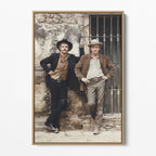 Front display of the Butch Cassidy and the Sundance Kid colour canvas in a natural oak floating frame