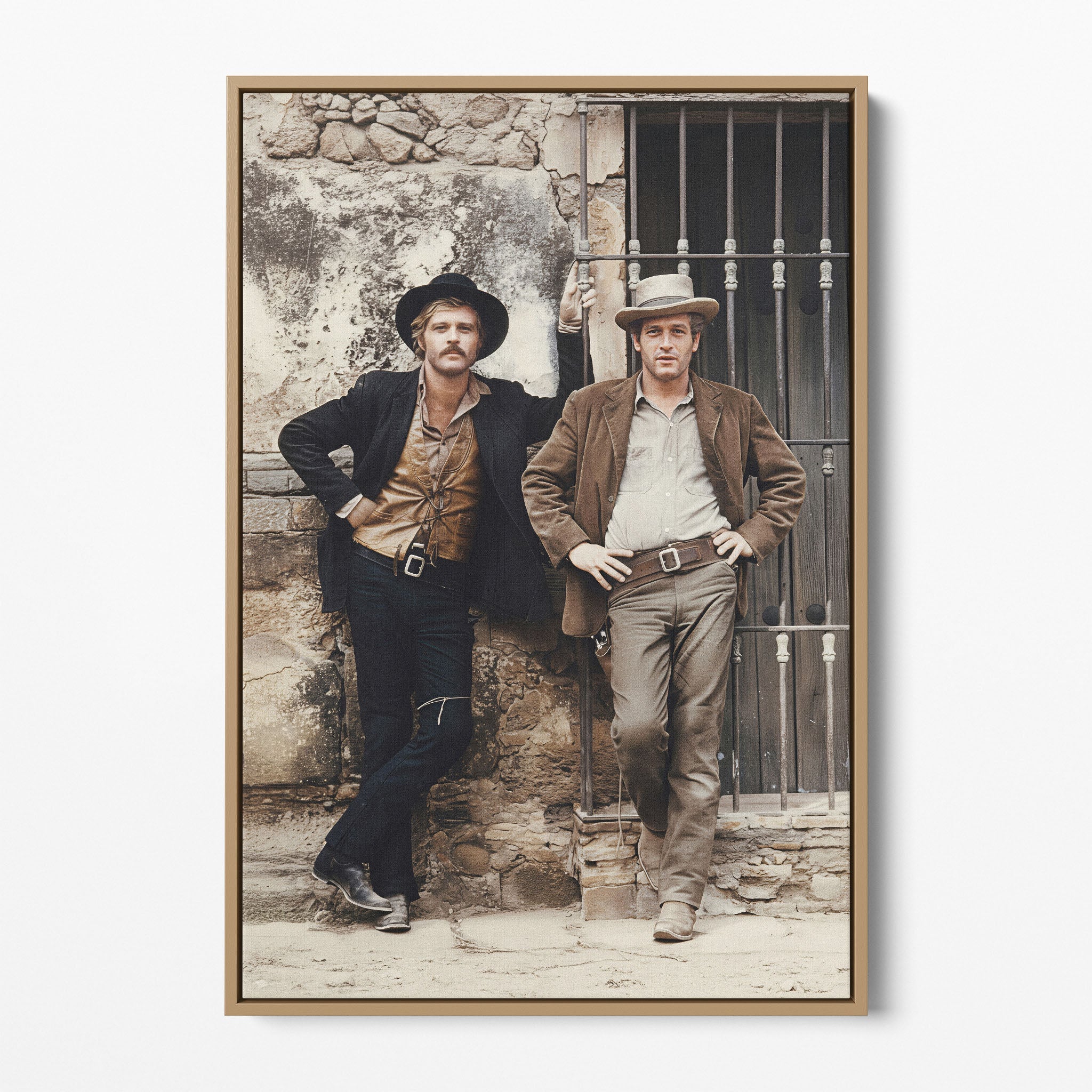Front display of the Butch Cassidy and the Sundance Kid colour canvas in a natural oak floating frame
