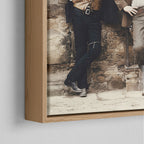 Corner close-up of the natural oak floating frame on the Butch Cassidy and the Sundance Kid colour canvas
