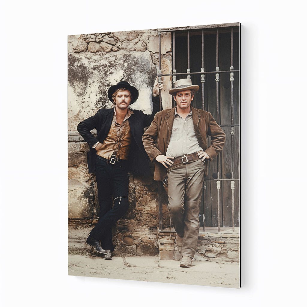 Butch Cassidy and the Sundance Kid colour metal print displayed on a wall