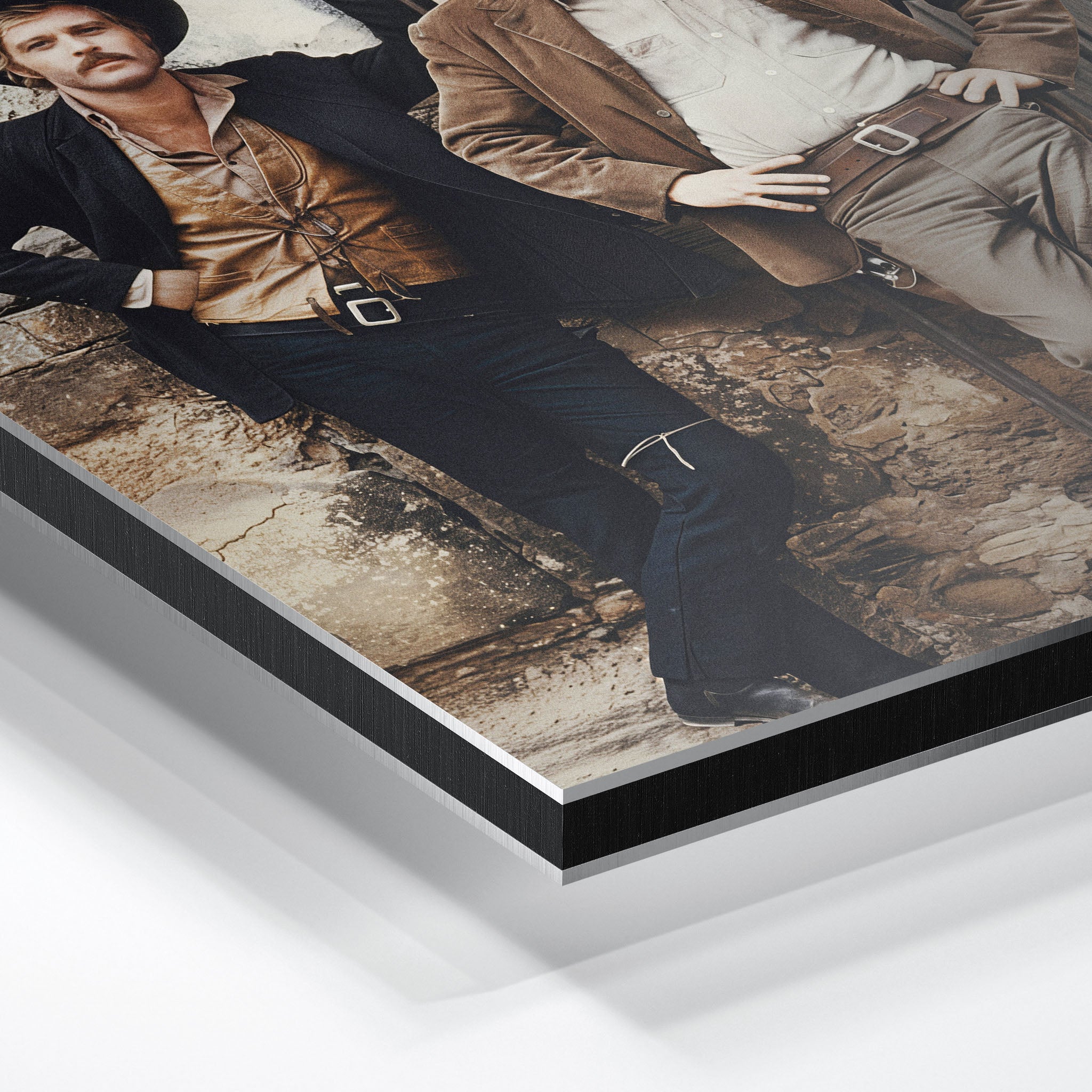 Close-up of the aluminum edge on the Butch Cassidy and the Sundance Kid colour metal print