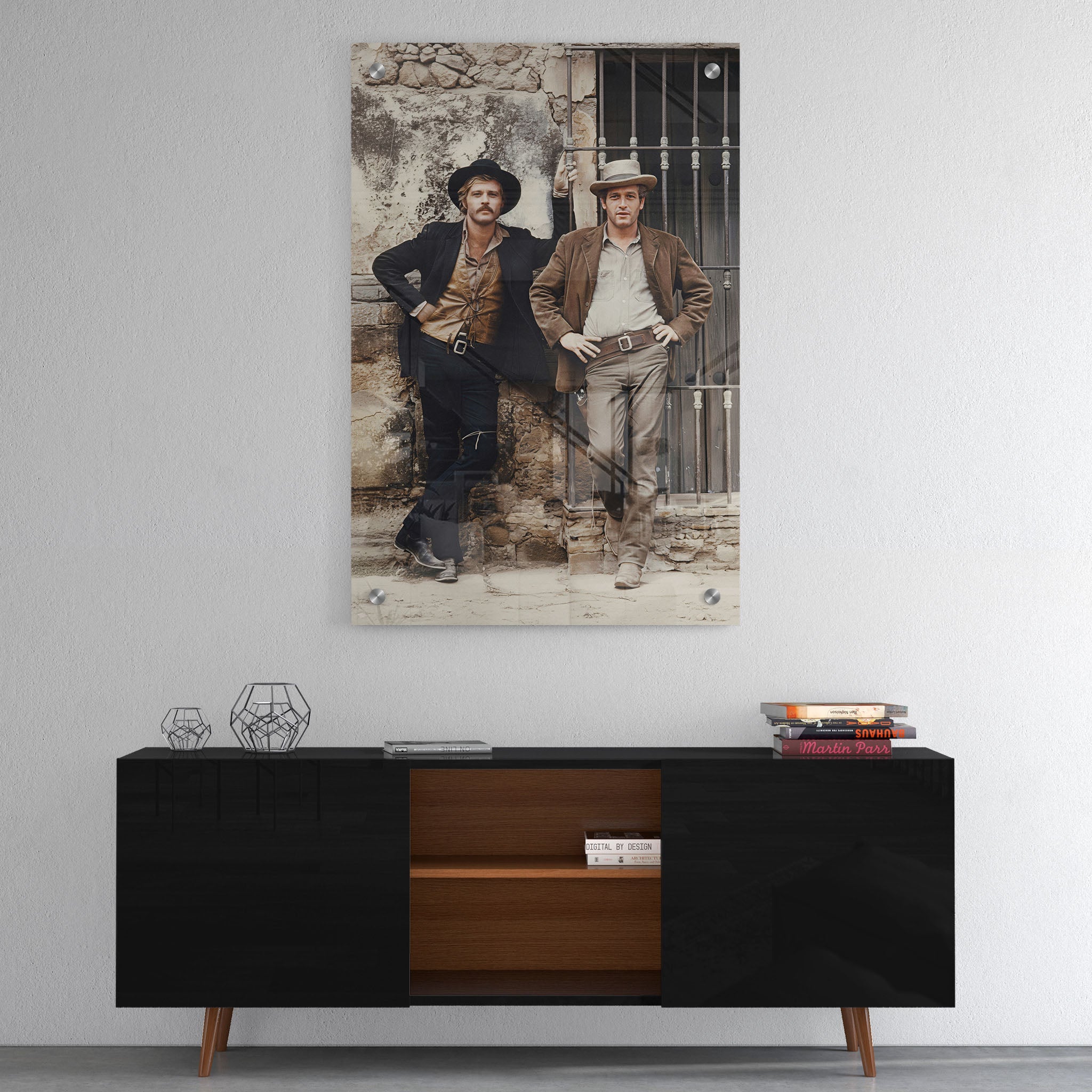 High-gloss acrylic colour print of Butch Cassidy and the Sundance Kid displayed on a wall