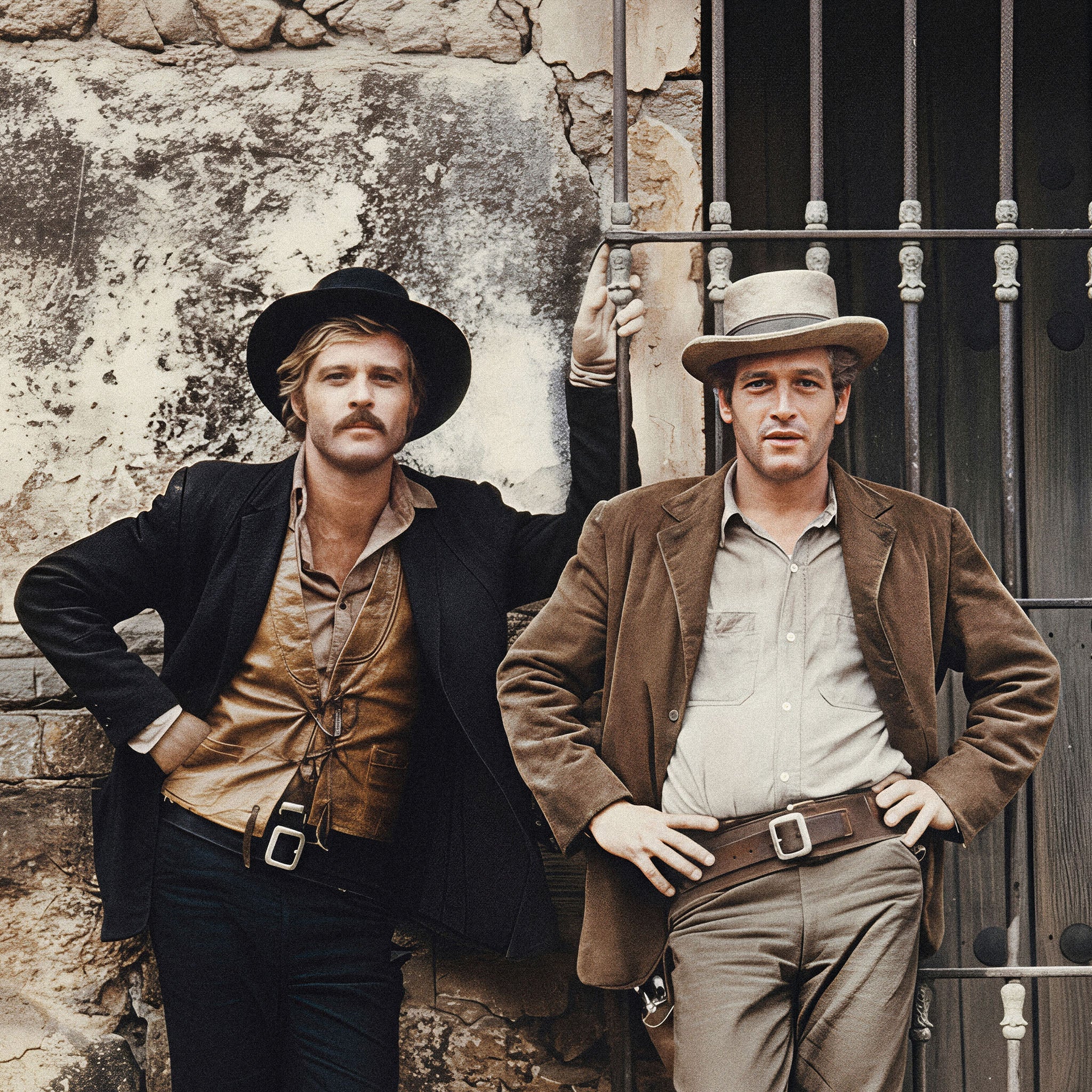 Zoomed detail of Paul Newman and Robert Redford in Butch Cassidy and the Sundance Kid in full colour