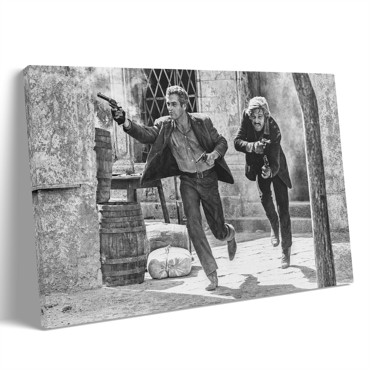 Butch Cassidy and the Sundance Kid final shootout black and white gallery-wrapped canvas print