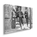 Gallery-wrapped black and white canvas of the Butch Cassidy and the Sundance Kid final shootout displayed on a wall