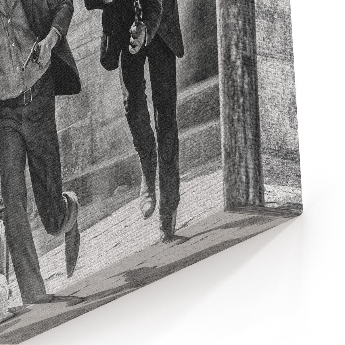Close-up of the gallery-wrapped canvas edge on the Butch Cassidy and the Sundance Kid final shootout black and white print
