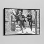 Angled view of the Butch Cassidy and the Sundance Kid final shootout black and white canvas in a black floating frame