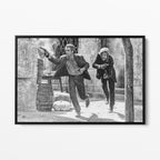 Front display of the Butch Cassidy and the Sundance Kid final shootout black and white canvas in a black floating frame