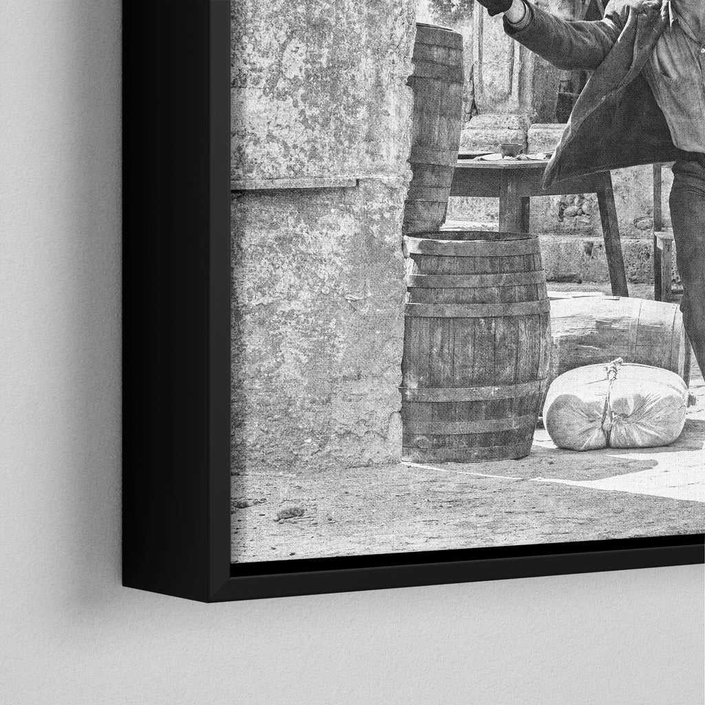 Corner close-up of the black floating frame on the Butch Cassidy and the Sundance Kid final shootout black and white canvas