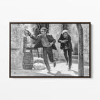 Front display of the Butch Cassidy and the Sundance Kid final shootout black and white canvas in a dark walnut floating frame