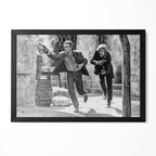 Paul Newman and Robert Redford as Butch Cassidy and the Sundance Kid in the final shootout, black and white print in a classic black poster frame