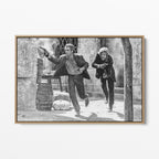 Front display of the Butch Cassidy and the Sundance Kid final shootout black and white canvas in a natural oak floating frame