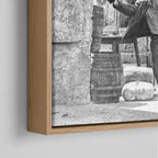 Corner close-up of the natural oak floating frame on the Butch Cassidy and the Sundance Kid final shootout black and white canvas
