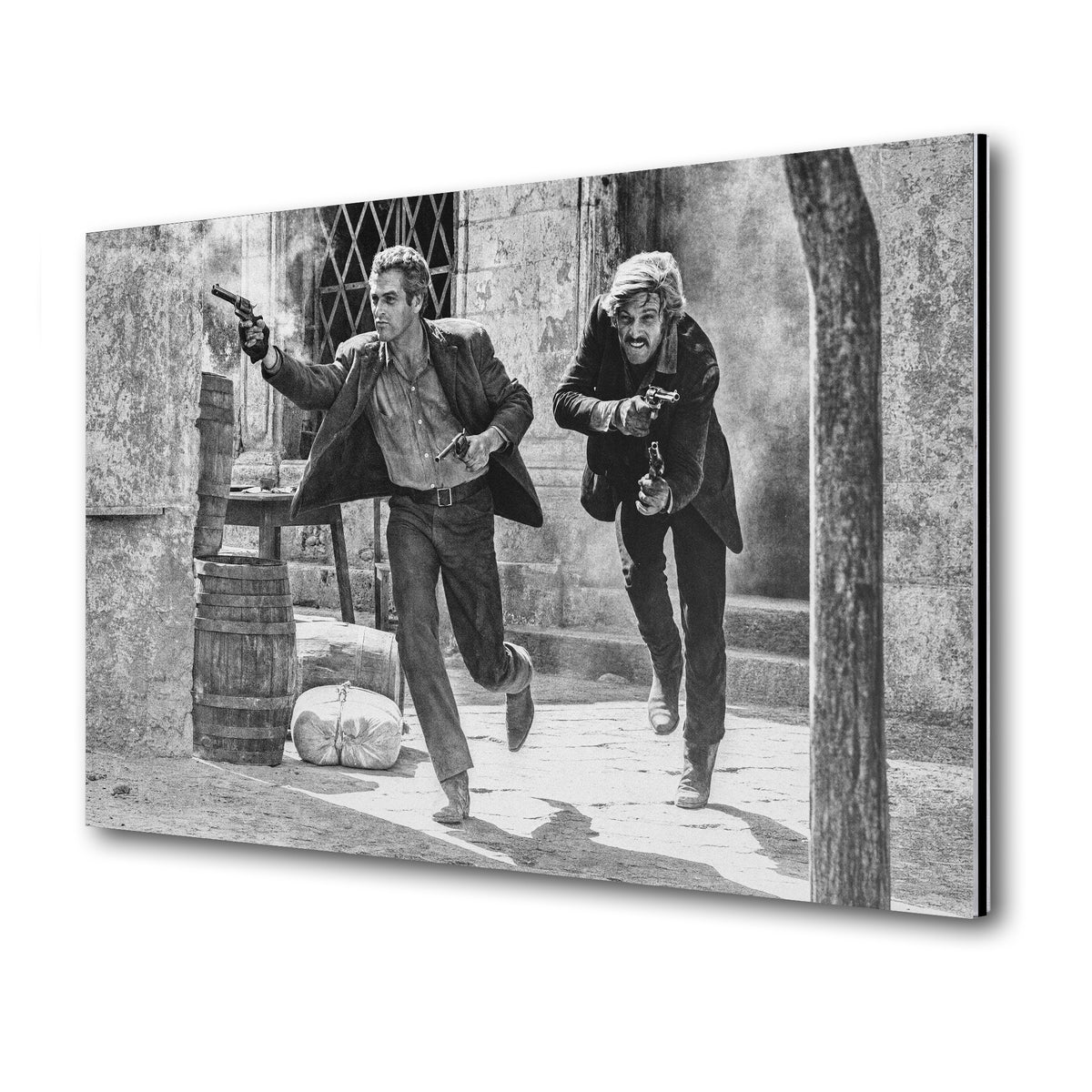 Butch Cassidy and the Sundance Kid final shootout black and white metal print displayed on a wall