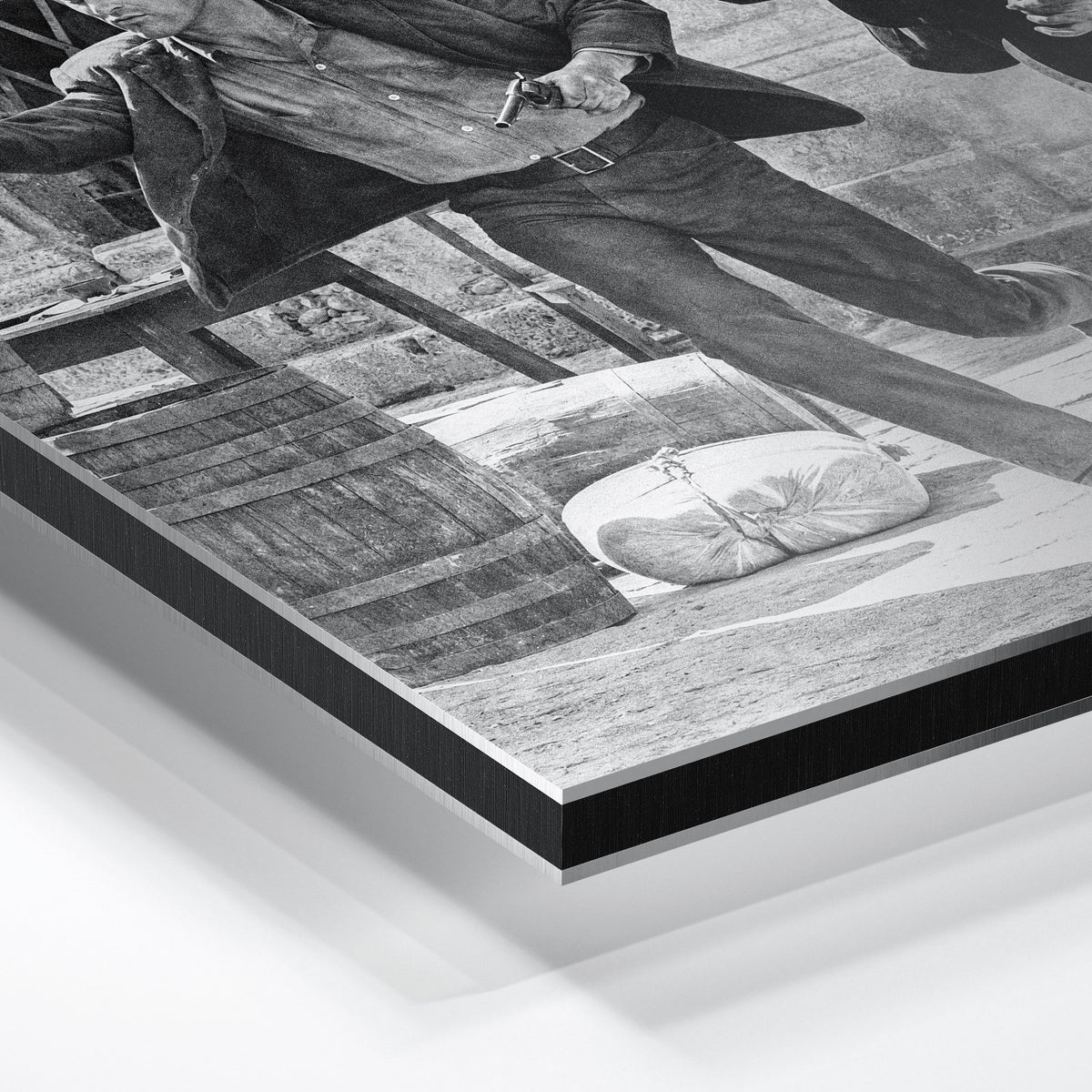 Close-up of the aluminum edge on the Butch Cassidy and the Sundance Kid final shootout black and white metal print