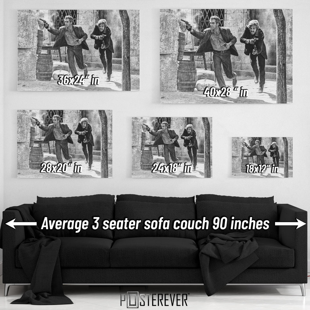 Butch Cassidy and the Sundance Kid final shootout wall art size comparison chart shown above a sofa