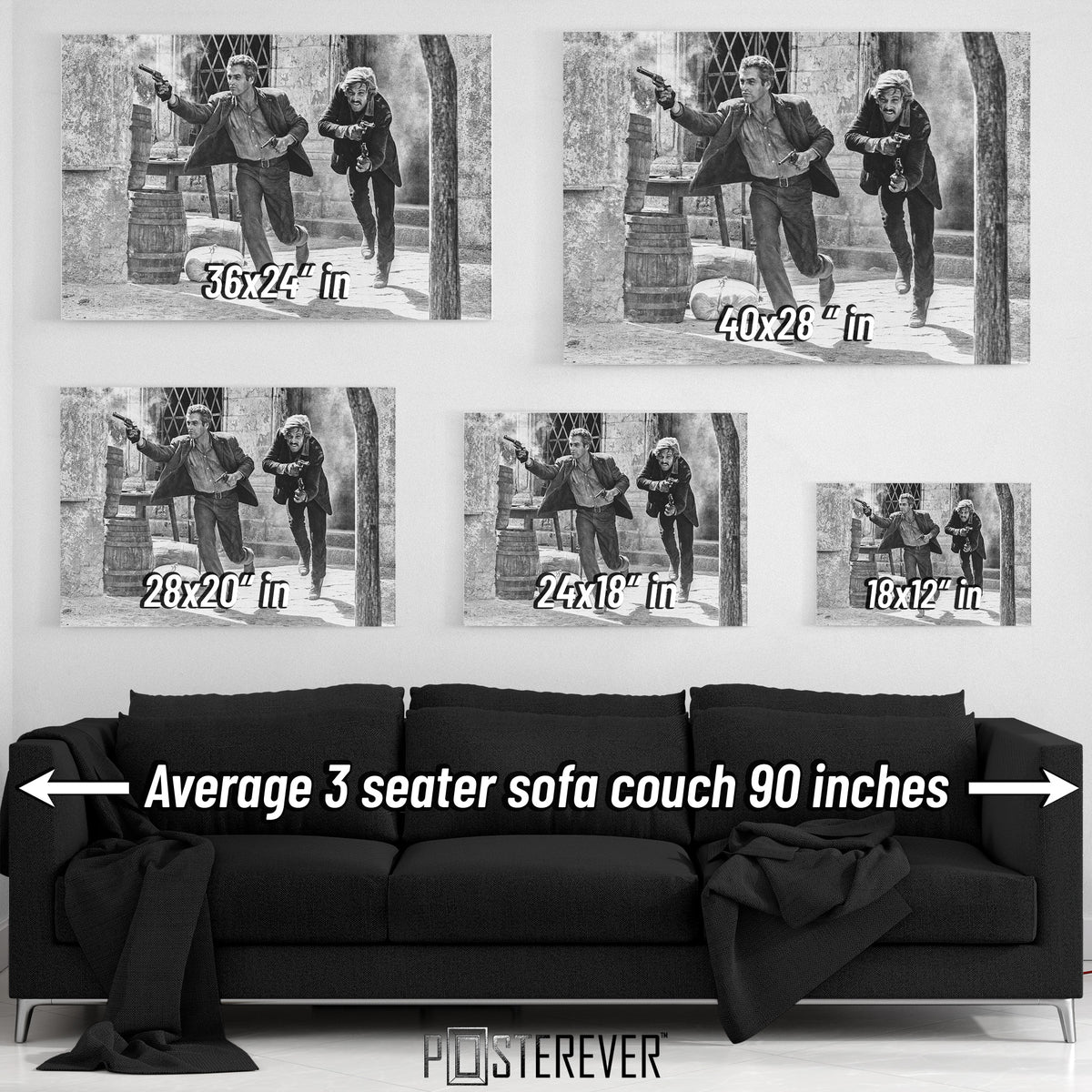 Butch Cassidy and the Sundance Kid final shootout wall art size comparison chart shown above a sofa