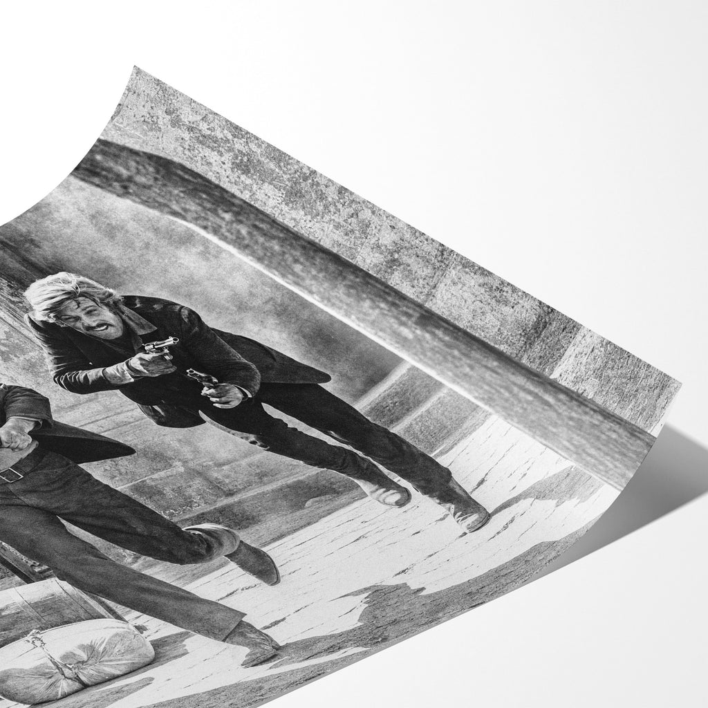 Angled close-up of the unframed Butch Cassidy and the Sundance Kid final shootout black and white poster showing fine paper detail