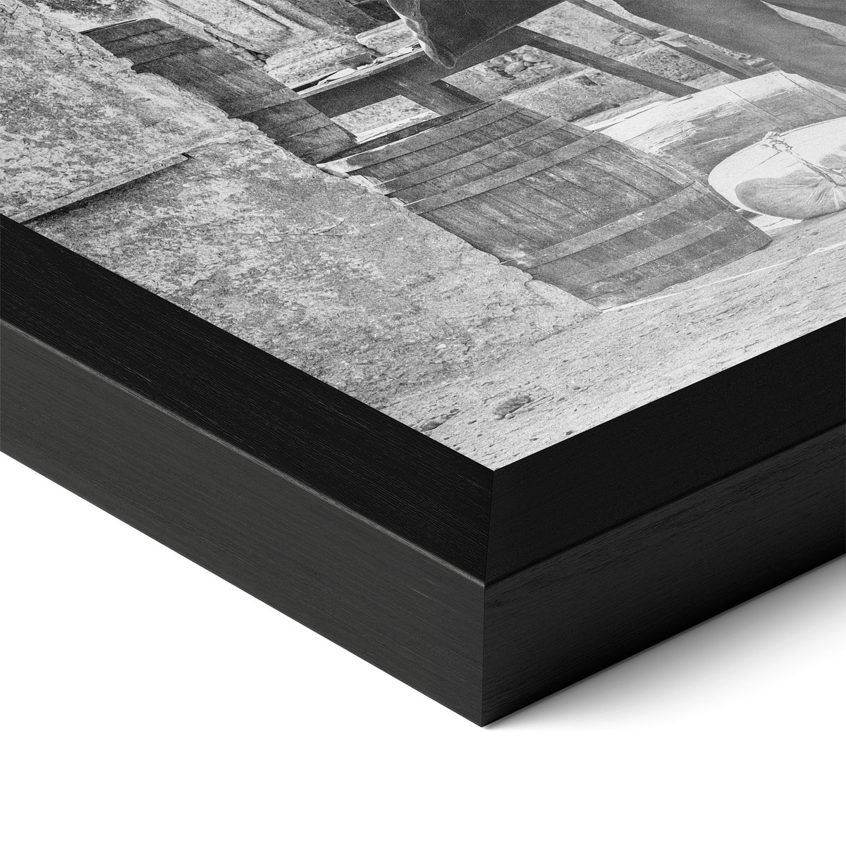 Close-up of the Butch Cassidy and the Sundance Kid final shootout black and white poster in a classic black wood frame