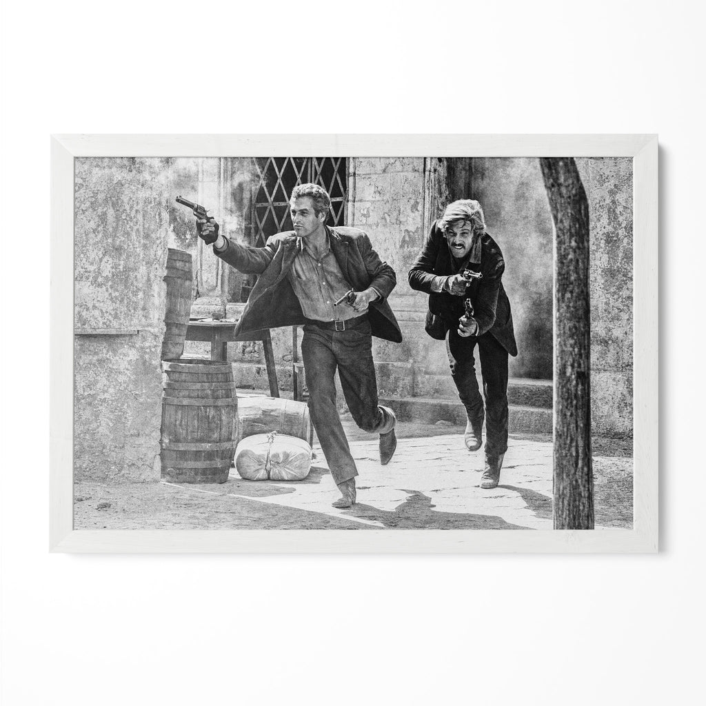Butch Cassidy and the Sundance Kid final shootout black and white print in a classic white poster frame