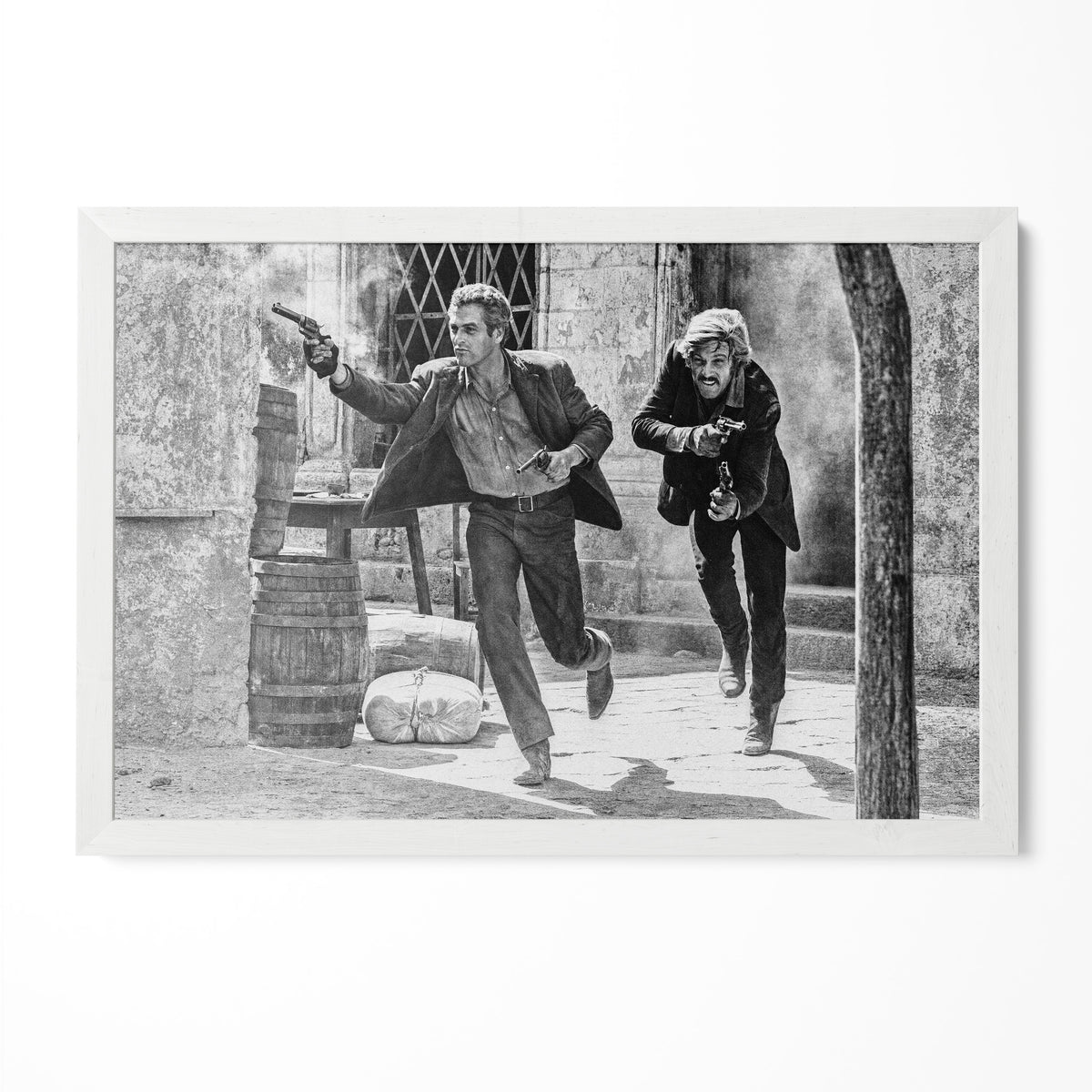 Butch Cassidy and the Sundance Kid final shootout black and white print in a classic white poster frame