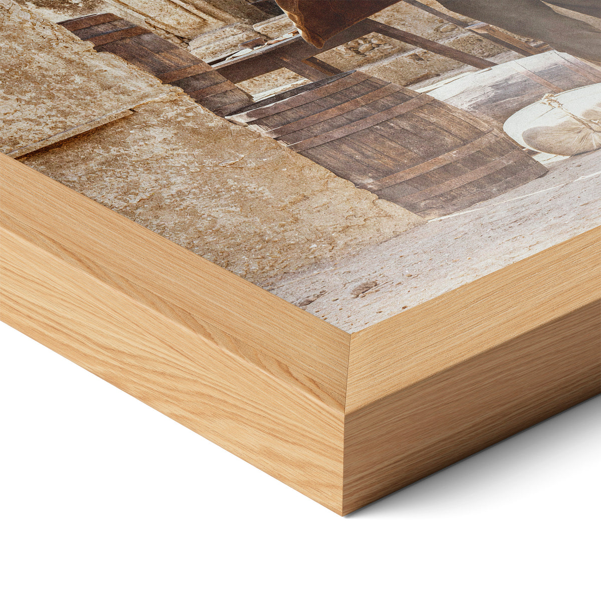 Close-up of the natural oak frame on the Butch Cassidy and the Sundance Kid final shootout color poster