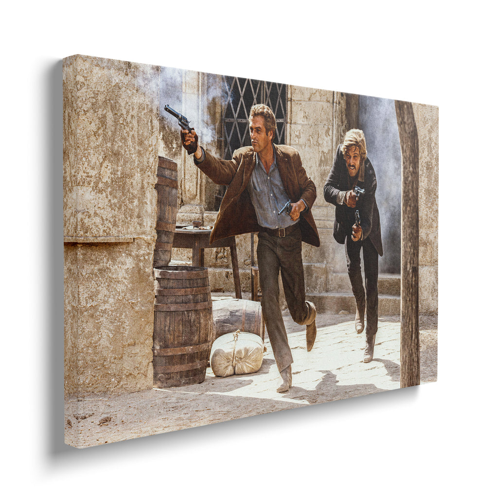 Gallery-wrapped color canvas of the Butch Cassidy and the Sundance Kid final shootout displayed on a wall