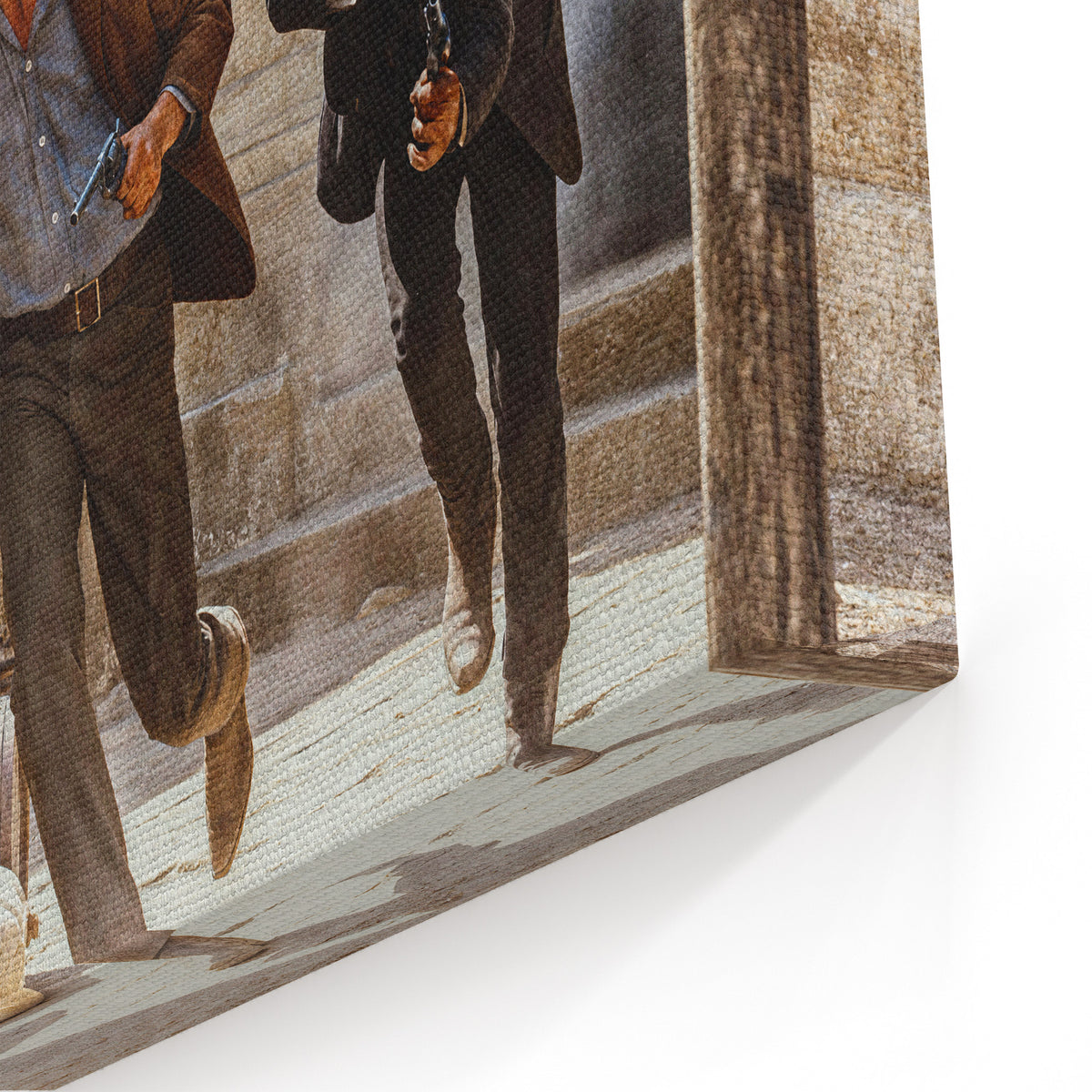 Close-up of the gallery-wrapped canvas edge on the Butch Cassidy and the Sundance Kid final shootout color print