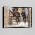 Angled view of the Butch Cassidy and the Sundance Kid final shootout color canvas in a black floating frame