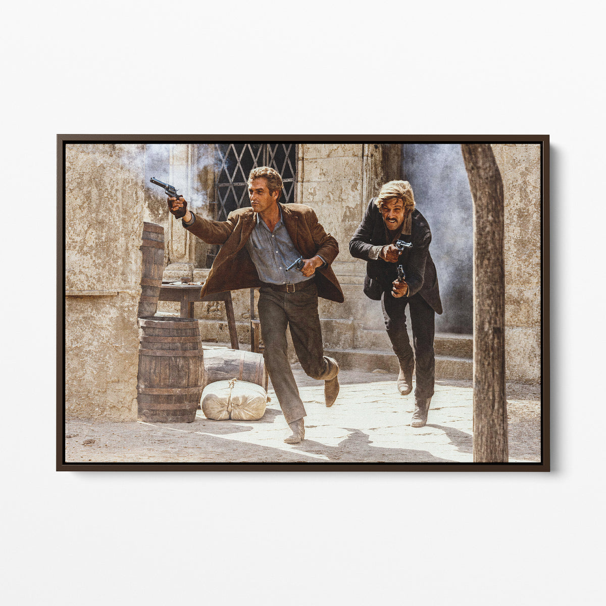 Front display of the Butch Cassidy and the Sundance Kid final shootout color canvas in a dark walnut floating frame