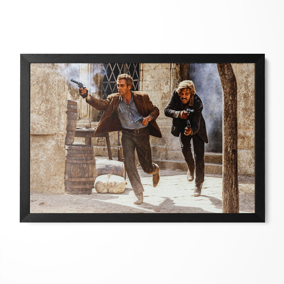 Paul Newman and Robert Redford as Butch Cassidy and the Sundance Kid in the final shootout, color print in a classic black poster frame
