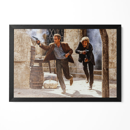 Paul Newman and Robert Redford as Butch Cassidy and the Sundance Kid in the final shootout, color print in a classic black poster frame